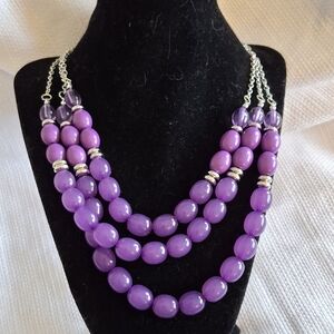 Triple Strand Purple And Silver Beaded Necklace